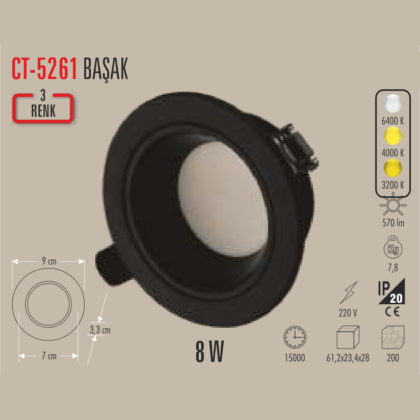 CATA Başak LED Spot Siyah (3 Renk)