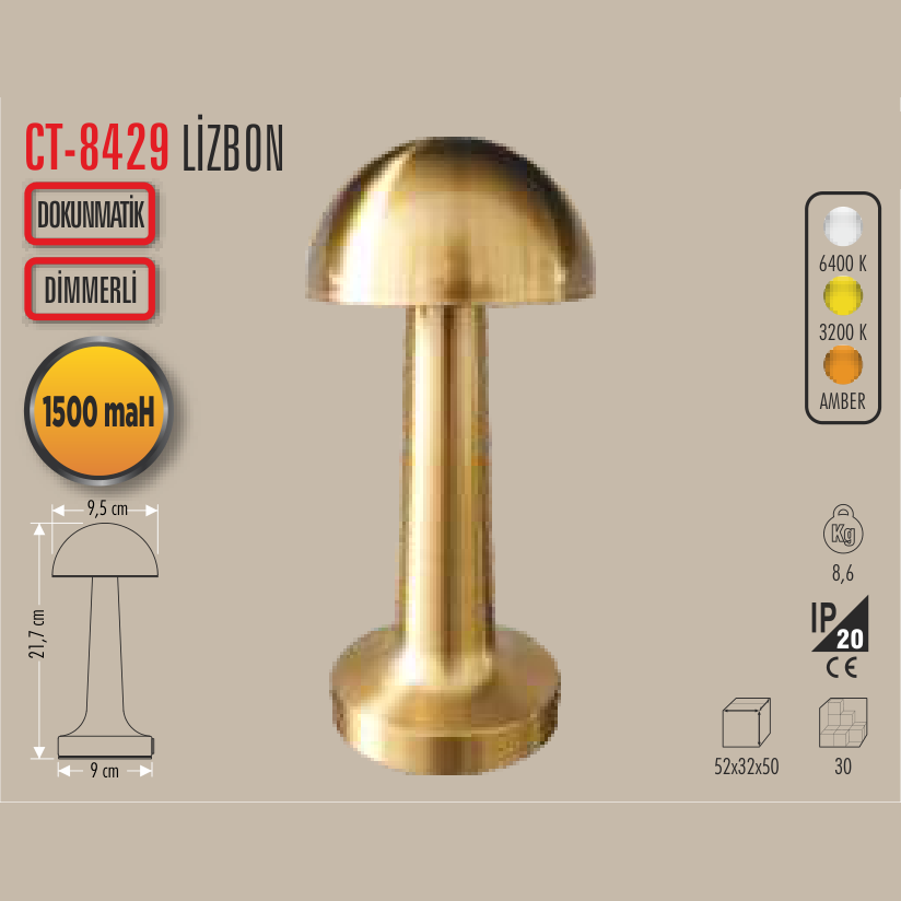 CATA Lizbon Şarjlı Masa Lambası (Gold)