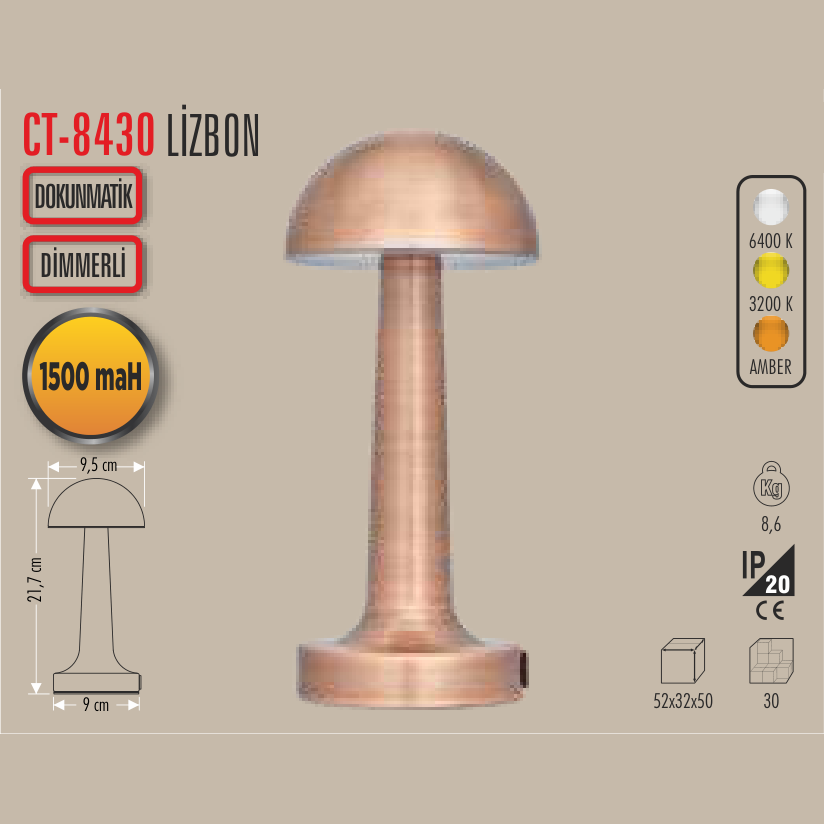 CATA Lizbon Şarjlı Masa Lambası (Bakır)