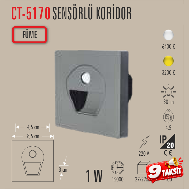 CATA Sensörlü Koridor Lambası (Füme)