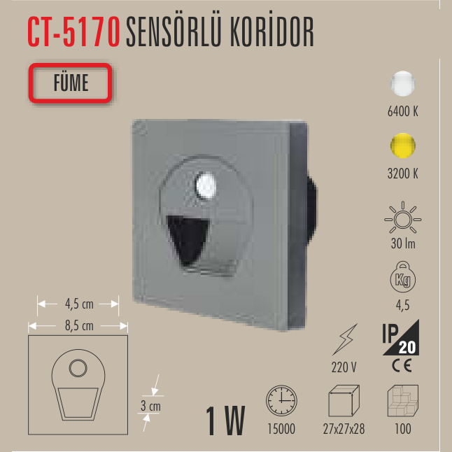 CATA Sensörlü Koridor Lambası (Füme)