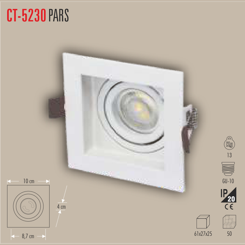 CATA Pars LED Spot Kasası (Beyaz-Siyah, Kare)