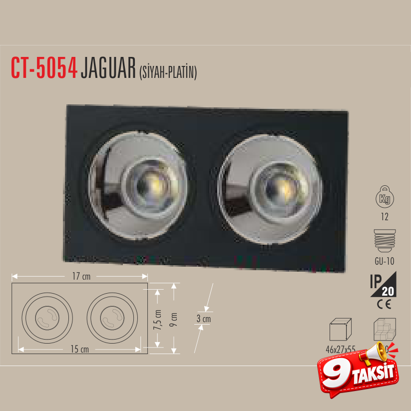 CATA Jaguar İkili LED Spot Kasası (Siyah-Platin) (LED Spot) - Ürün Görseli