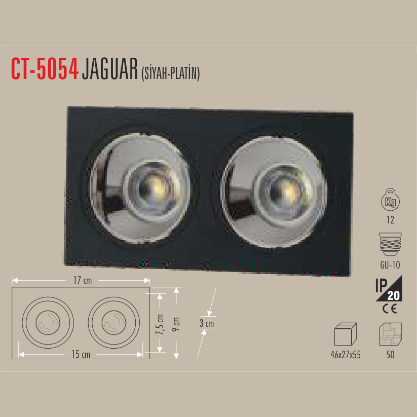 CATA Jaguar İkili LED Spot Kasası (Siyah-Platin) (LED Spot) - Teknik Detay Görseli