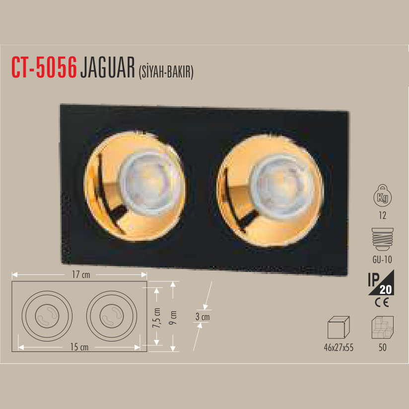 CATA Jaguar İkili LED Spot Kasası (Siyah-Bakır)