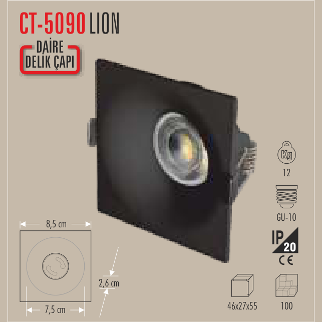 CATA Lion LED Spot Kasası (Siyah, Kare)