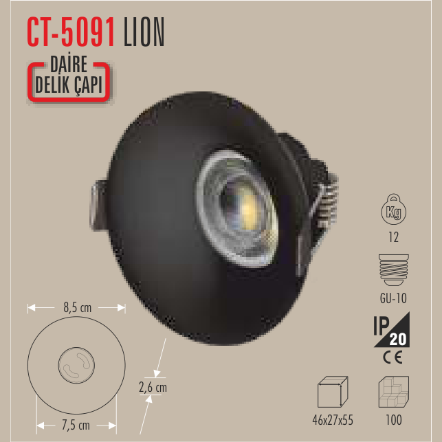 CATA Lion LED Spot Kasası (Siyah, Yuvarlak)