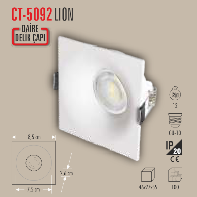 CATA Lion LED Spot Kasası (Beyaz, Kare)