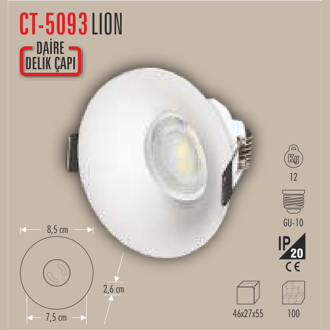 CATA Lion LED Spot Kasası (Beyaz, Yuvarlak)