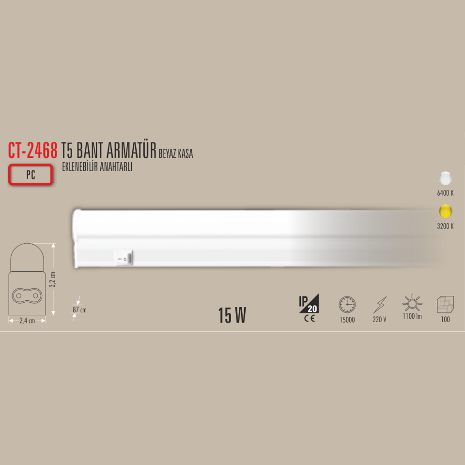 CATA T5 Bant Armatür Beyaz Kasa 15W
