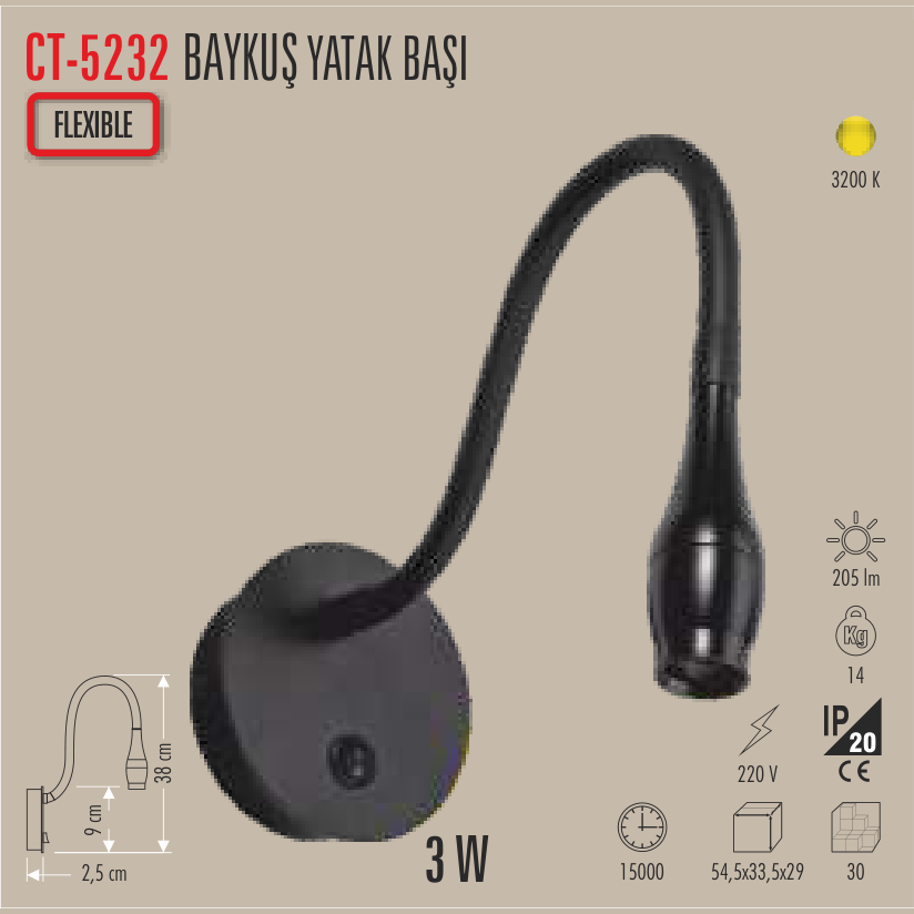 CATA Baykuş Esnek Yatak Başı Aplik 3W