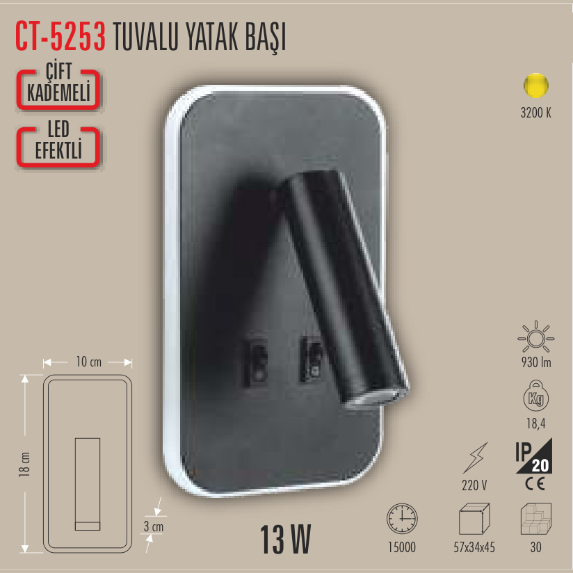 CATA Tuvalu Yatak Başı Okuma Aplik 13W (Aplik) - Teknik Detay Görseli
