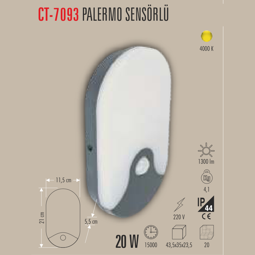 CATA Palermo Sensörlü Aplik (Oval) 20W