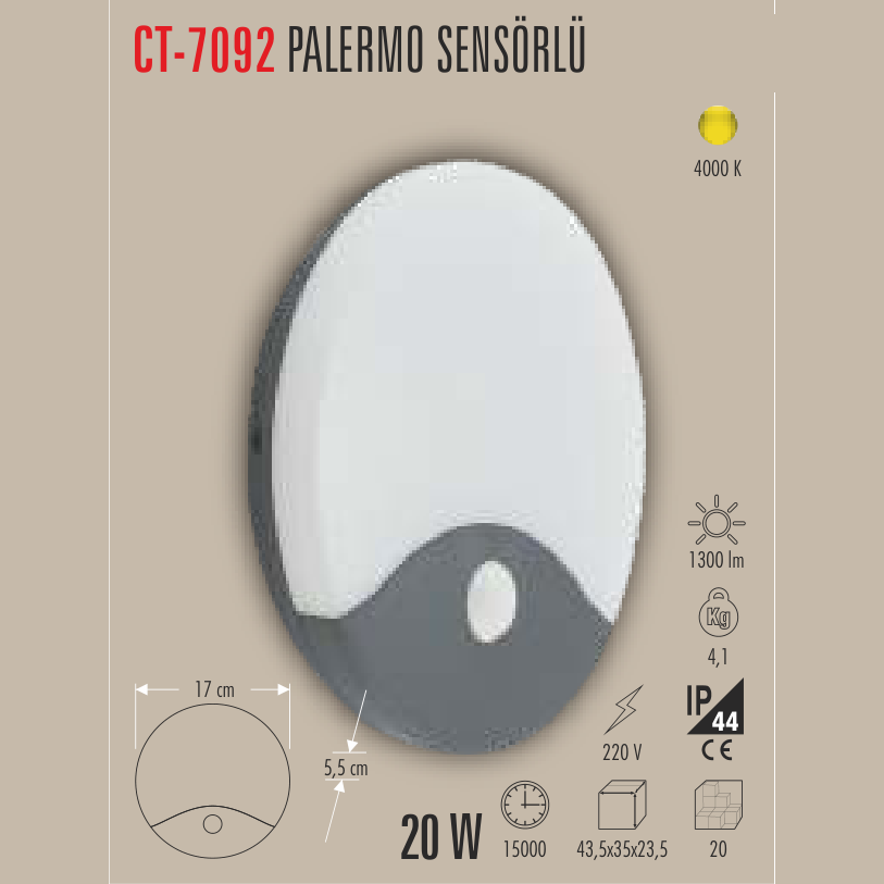 CATA Palermo Sensörlü Aplik (Yuvarlak) 20W