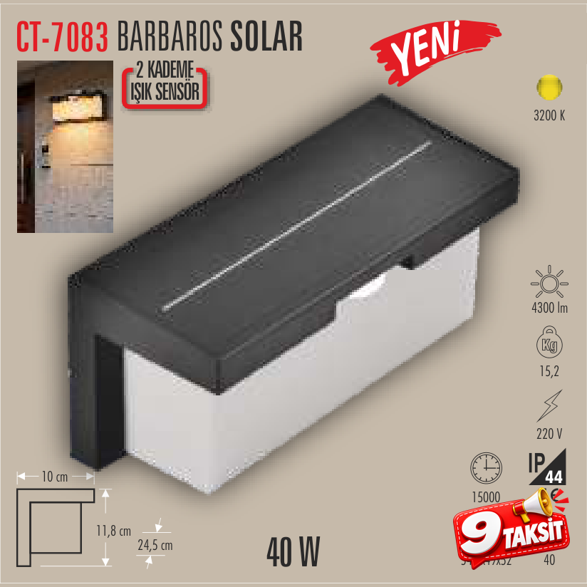CATA Barbaros Solar Sensörlü Aplik 40W (Aplik) - Ürün Görseli