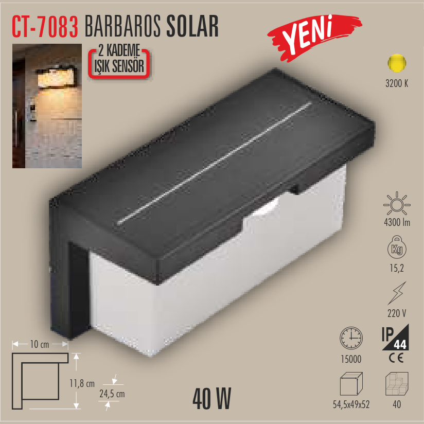 CATA Barbaros Solar Sensörlü Aplik 40W