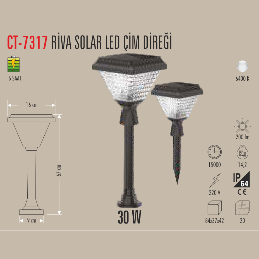 CATA Riva Solar LED Çim Direği 30W