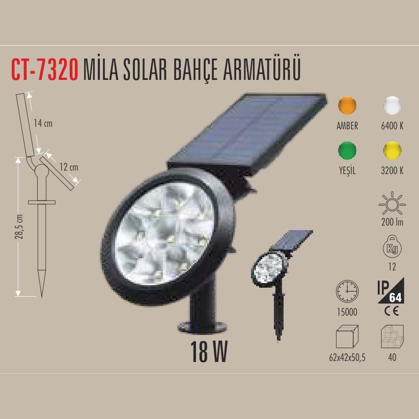 CATA Mila Solar Bahçe Armatürü 18W