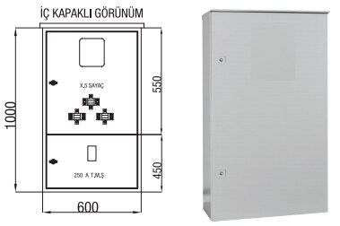 Çetinkaya Tek Kapaklı Sayaç Panosu (Harici + Şapkalı) — x5 Elektronik Sayaç + K.A.K + Akım Trafosu + 250 A Kompak Yeri Mevcut 60x100x25 - Teknik De...