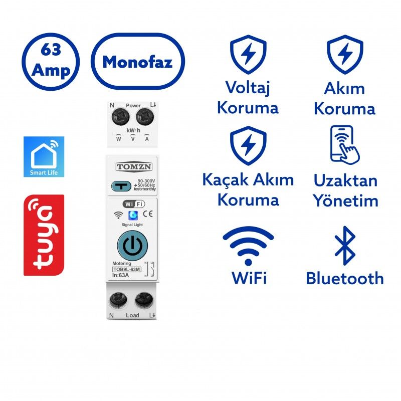 Tomzn Akıllı Kaçak Akım Rölesi ve Voltaj Akım Koruma Rölesi 63A WiFi Özellikli SmartLife