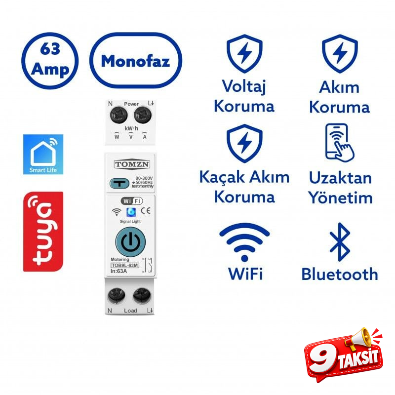 Tomzn Akıllı Kaçak Akım Rölesi ve Voltaj Akım Koruma Rölesi 63A WiFi Özellikli SmartLife