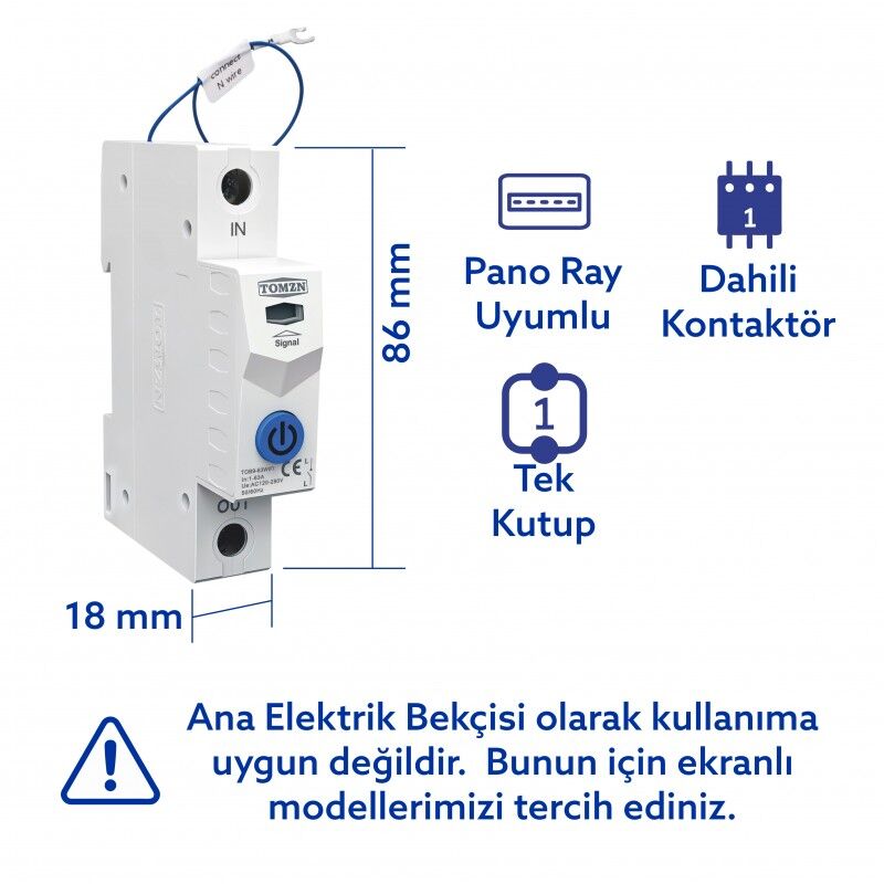 Tomzn Akıllı Voltaj ve Akım Koruma Rölesi, Sıcaklık Korumalı WiFi SmartLife Tuya 63A - Tek Kutup
