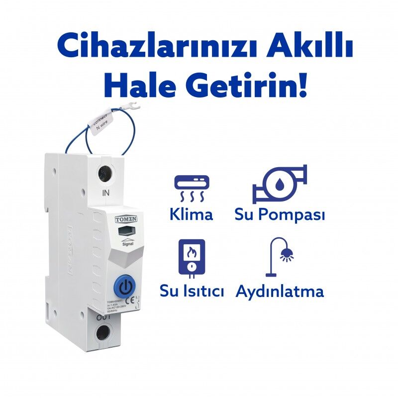 Tomzn Akıllı Voltaj ve Akım Koruma Rölesi, Sıcaklık Korumalı WiFi SmartLife Tuya 63A - Tek Kutup