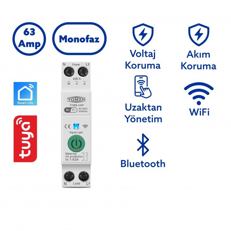 Tomzn Akıllı Voltaj ve Akım Koruma Rölesi, WiFi Özellikli Dahili Enerji Ölçer 63A - Akıllı Sigorta