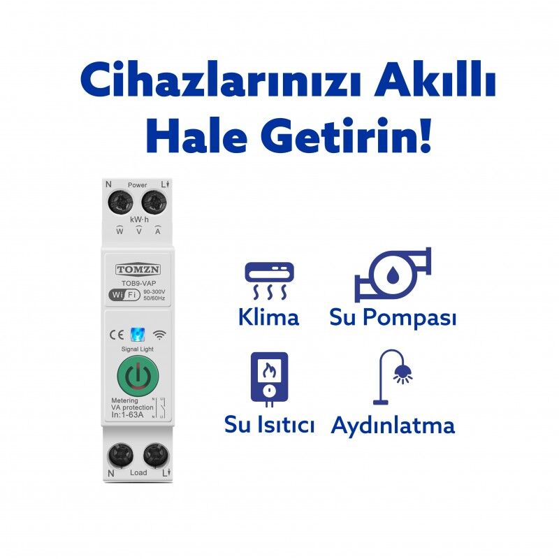Tomzn Akıllı Voltaj ve Akım Koruma Rölesi, WiFi Özellikli Dahili Enerji Ölçer 63A - Akıllı Sigorta
