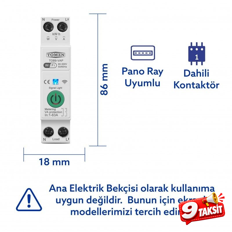 Tomzn Akıllı Voltaj ve Akım Koruma Rölesi, WiFi Özellikli Dahili Enerji Ölçer 63A - Akıllı Sigorta