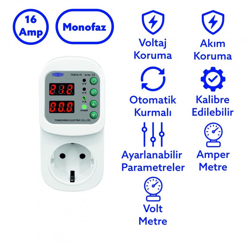 Tomzn Akım Korumalı Priz 16A Ayarlanabilir Voltaj ve Akım Koruma Prizi - Elektrik Bekçisi