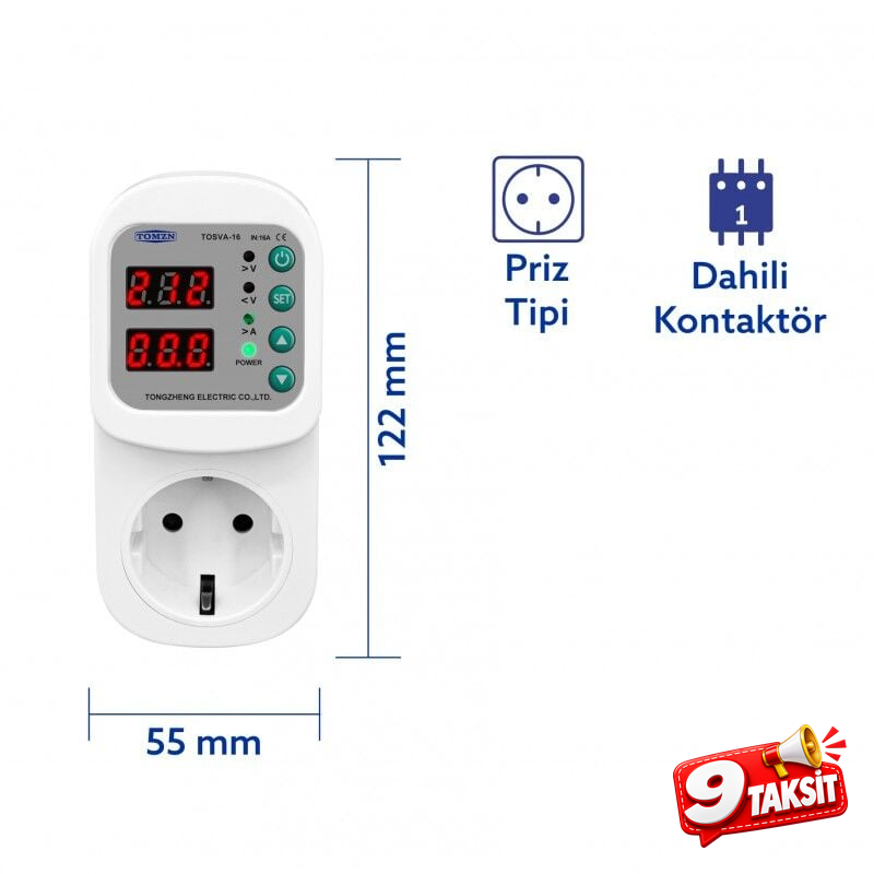 Tomzn Akım Korumalı Priz 16A Ayarlanabilir Voltaj ve Akım Koruma Prizi - Elektrik Bekçisi