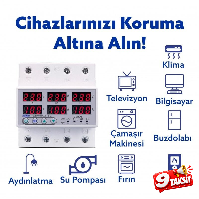 Tomzn Ayrışık Voltaj ve Akım Koruma Rölesi Gerilim Koruyucu 100A 3 Fazlı - Ev Tipi Trifaz
