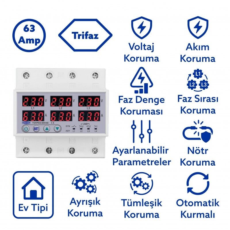 Tomzn Gerilim Ve Akım Koruma Rölesi Voltaj Koruyucu 63A 3 Fazlı - Ev Tipi - Ayrışık Faz Koruma - Yakın Çekim Görseli