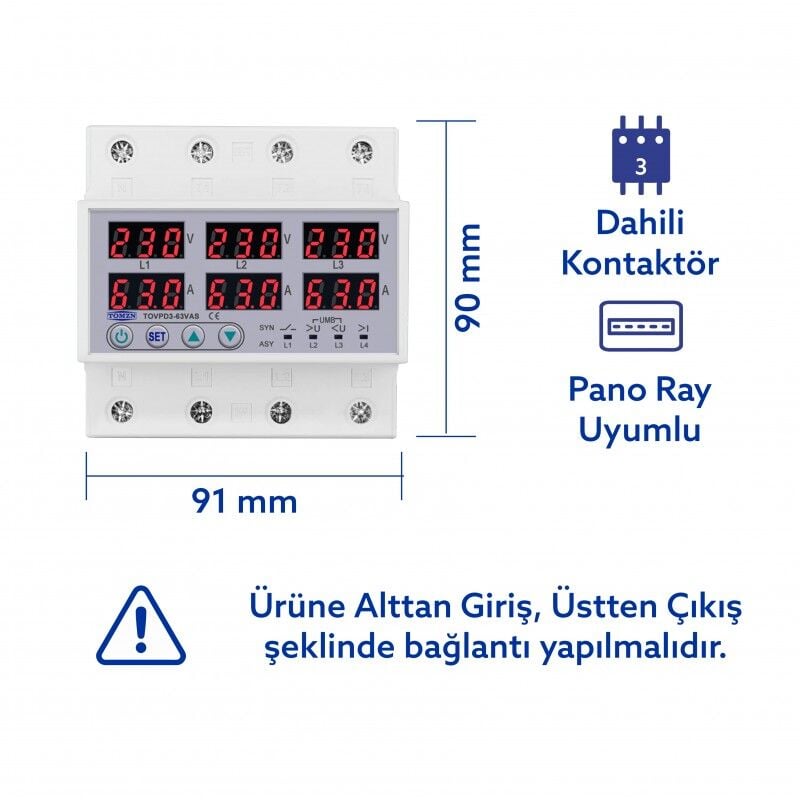 Tomzn Gerilim Ve Akım Koruma Rölesi Voltaj Koruyucu 63A 3 Fazlı - Ev Tipi - Ayrışık Faz Koruma - Kullanım Görseli