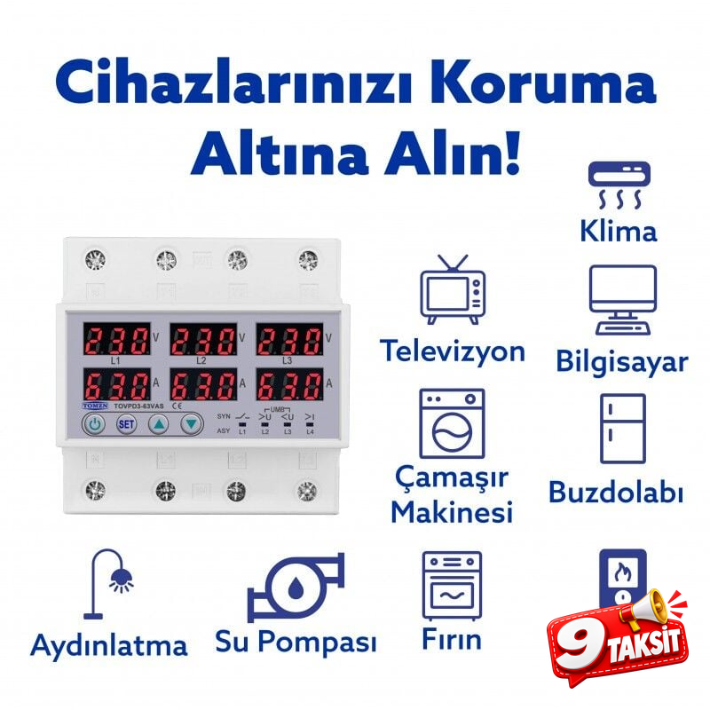 Tomzn Gerilim Ve Akım Koruma Rölesi Voltaj Koruyucu 63A 3 Fazlı - Ev Tipi - Ayrışık Faz Koruma - Ürün Görseli