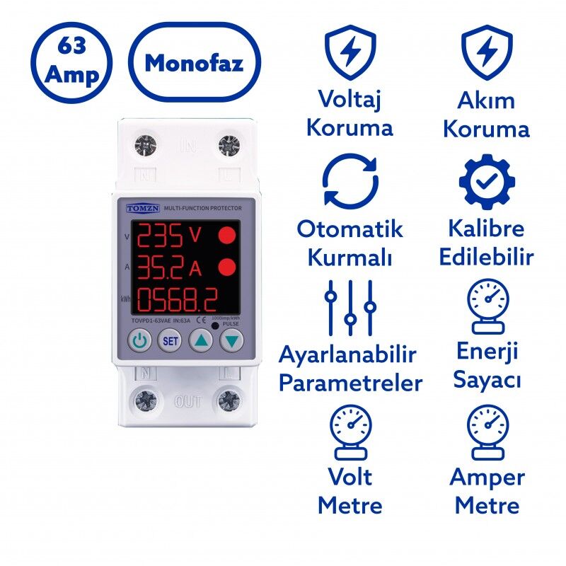 Tomzn Gerilim ve Akım Koruma Rölesi Yüksek Düşük Voltaj Akım Koruyucu 63A Enerji Ölçerli