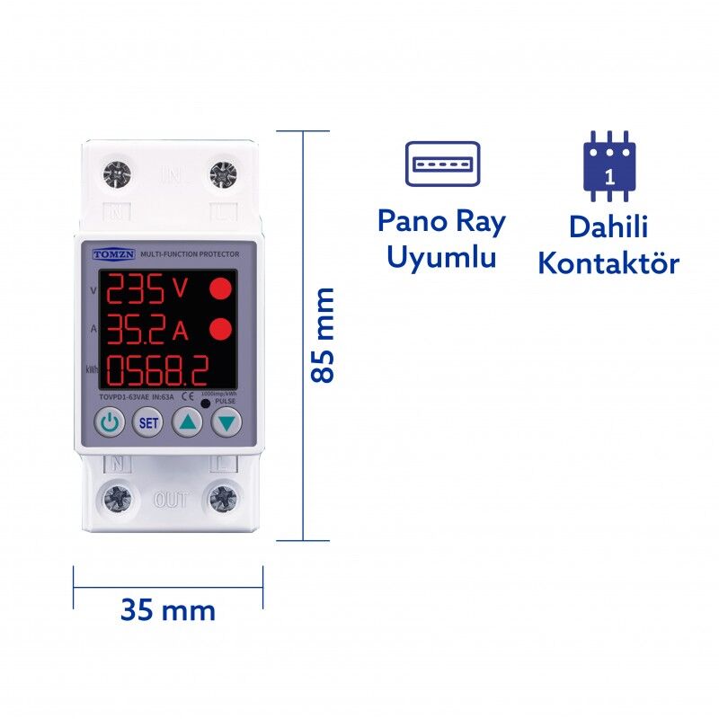Tomzn Gerilim ve Akım Koruma Rölesi Yüksek Düşük Voltaj Akım Koruyucu 63A Enerji Ölçerli