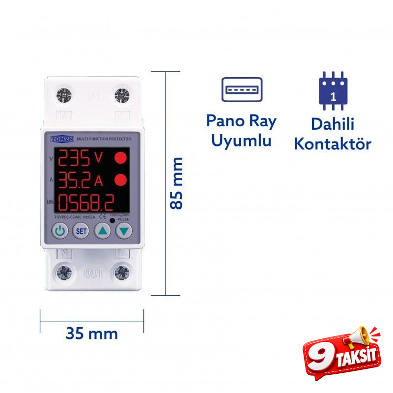 Tomzn Gerilim ve Akım Koruma Rölesi Yüksek Düşük Voltaj Akım Koruyucu 63A Enerji Ölçerli