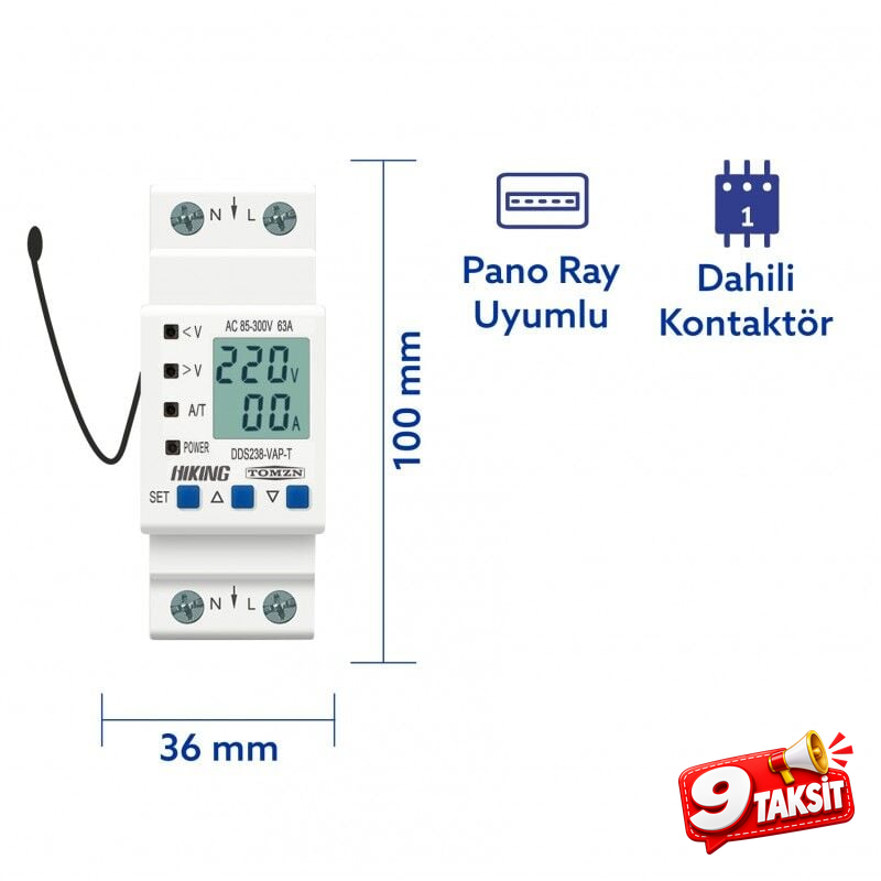 Tomzn Hiking Sıcaklık Korumalı Voltaj ve Akım Koruma Rölesi 63A Dahili Kontaktör Elektrik Bekçisi