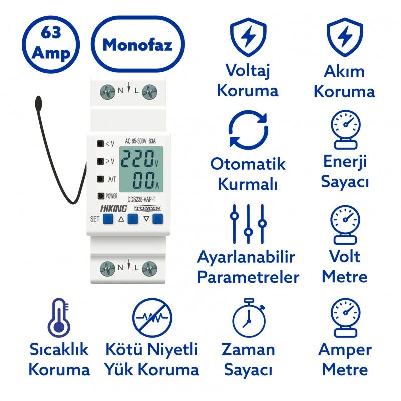 Tomzn Hiking Sıcaklık Korumalı Voltaj ve Akım Koruma Rölesi 63A Dahili Kontaktör Elektrik Bekçisi