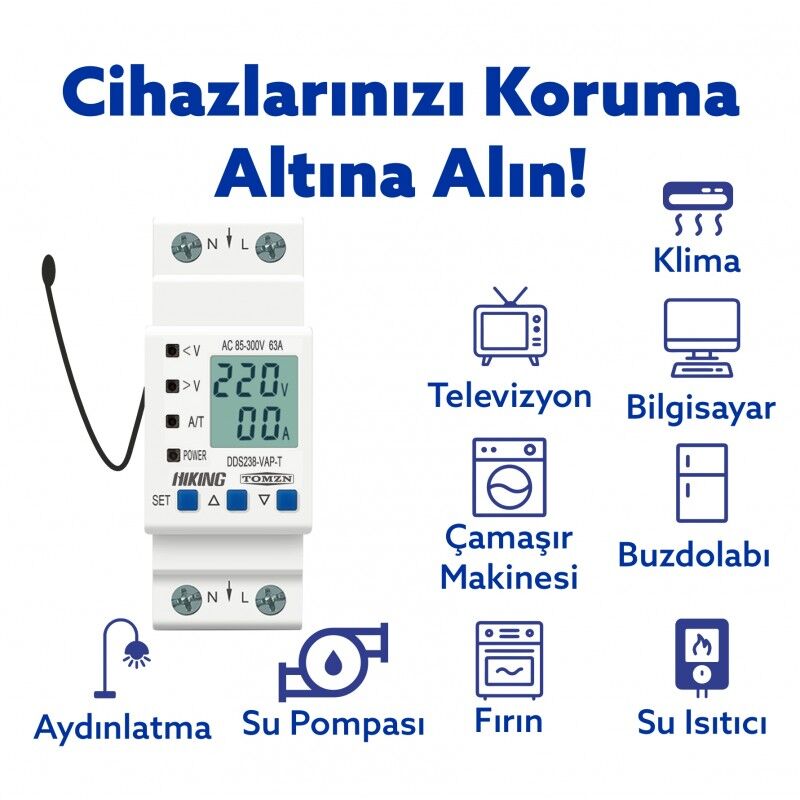 Tomzn Hiking Sıcaklık Korumalı Voltaj ve Akım Koruma Rölesi 63A Dahili Kontaktör Elektrik Bekçisi