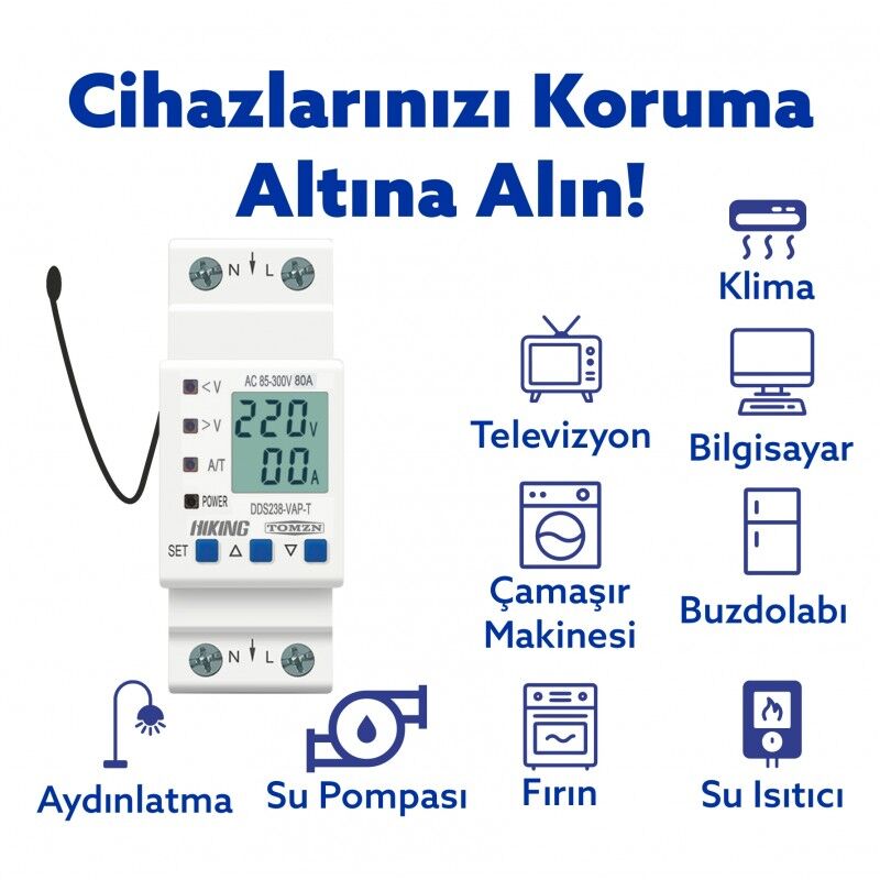 Tomzn Hiking Sıcaklık Korumalı Voltaj ve Akım Koruma Rölesi 80A Dahili Kontaktör Elektrik Bekçisi