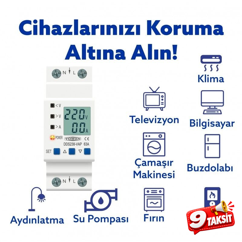 Tomzn Hiking Voltaj ve Akım Koruma Rölesi Yüksek Alçak Gerilim  ve Akım Koruyucu Röle 63A