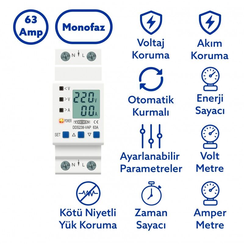 Tomzn Hiking Voltaj ve Akım Koruma Rölesi Yüksek Alçak Gerilim  ve Akım Koruyucu Röle 63A