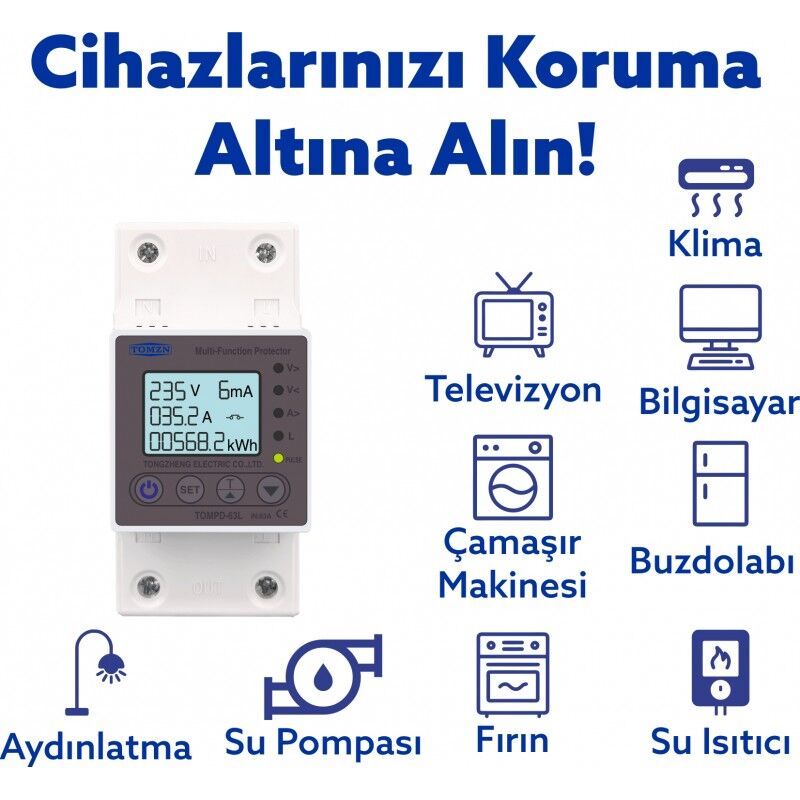 Tomzn Kaçak Akım Koruma Rölesi ve Yüksek Voltaj ve Akım Koruyucu Röle 63A Devrim Niteliğinde Yenilik