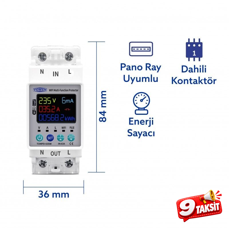 Tomzn Kaçak Akım Koruma Rölesi Ve Yüksek Voltaj Ve Akım Koruyucu Röle 63A Wifi Özellikli Devrim