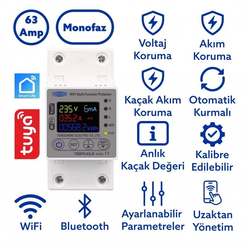 Tomzn Kaçak Akım Koruma Rölesi Ve Yüksek Voltaj Ve Akım Koruyucu Röle 63A Wifi Özellikli Devrim - Kullanım Görseli