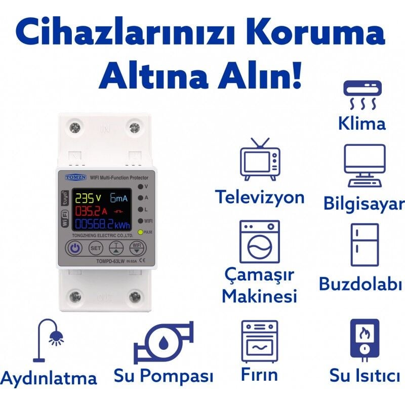 Tomzn Kaçak Akım Koruma Rölesi Ve Yüksek Voltaj Ve Akım Koruyucu Röle 63A Wifi Özellikli Devrim - Yakın Çekim Görseli