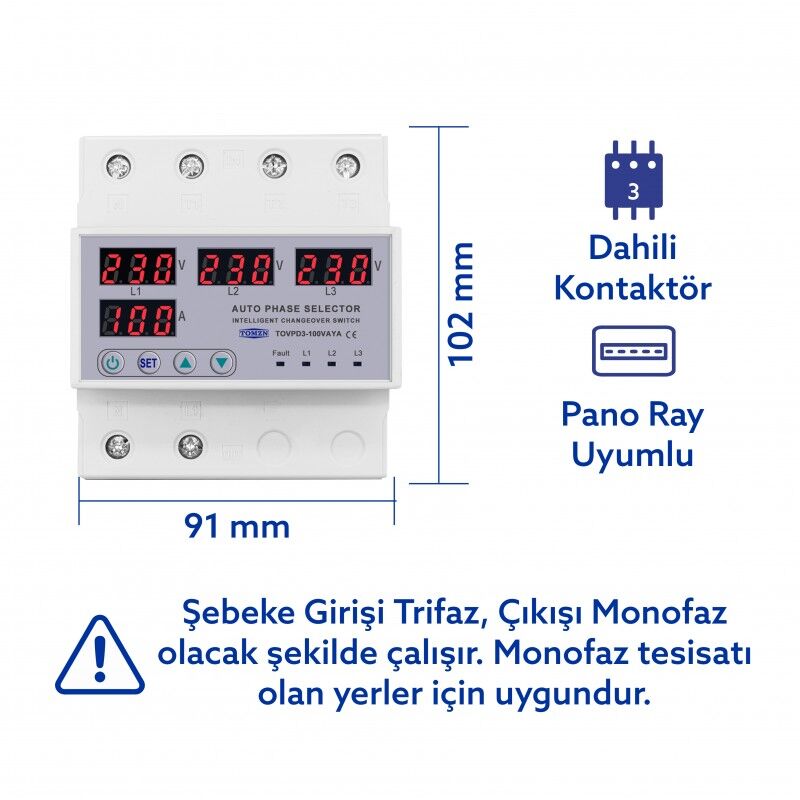 Tomzn Otomatik Faz Seçici Ve Yüksek Alçak Voltaj Akım Koruma Rölesi 220v 100A